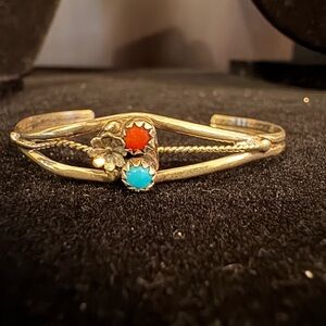 Sterling silver native baby Cuff Bracelet with turquoise and coral Accents